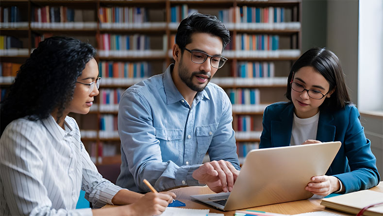 Students collaborating in a modern workspace